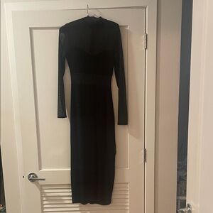 Petals & Pups Farrow Black Long Sleeve Midi Dress Sheer Mesh Inserts